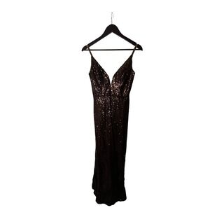 Revelry Bronze Brown Sequin V-Neck Maxi Dress Mermaid Formal Gown Size 4